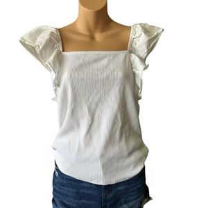 a new day Ivory Ruffle Cotton Sleeves Ribbed Square Neckline Blouse Top